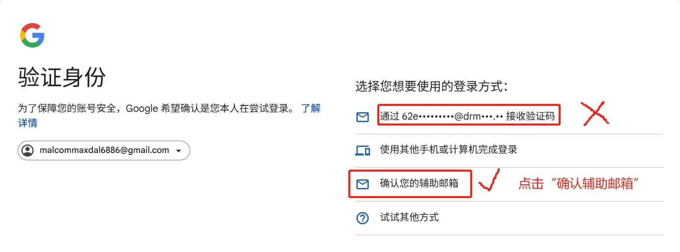 Google登录演示图-确认辅助邮箱